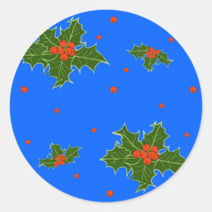 Pegatina Redonda Navidades con un patrón de moras rojas sobre azul