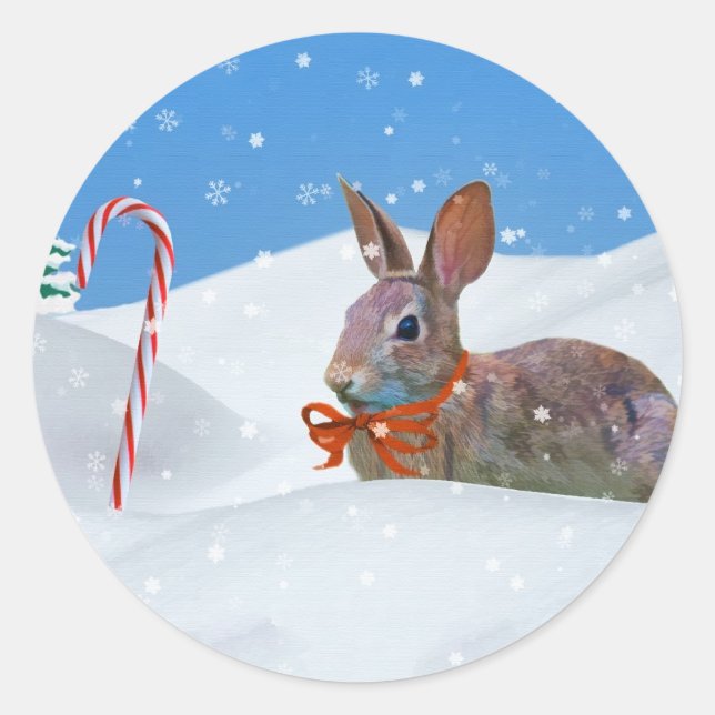Pegatina Redonda Navidades, Conejo, Nieve, Candy Canes (Anverso)