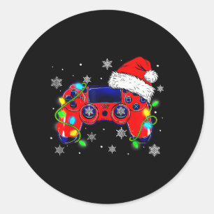 Pegatina Redonda Navidades Controlador de videojuegos Santa Hat Gam
