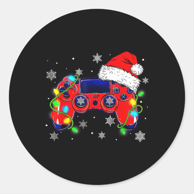 Pegatina Redonda Navidades Controlador de videojuegos Santa Hat Gam (Anverso)