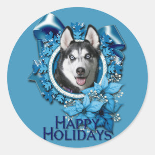 Pegatina Redonda Navidades - Copos de nieve azules - Husky siberian
