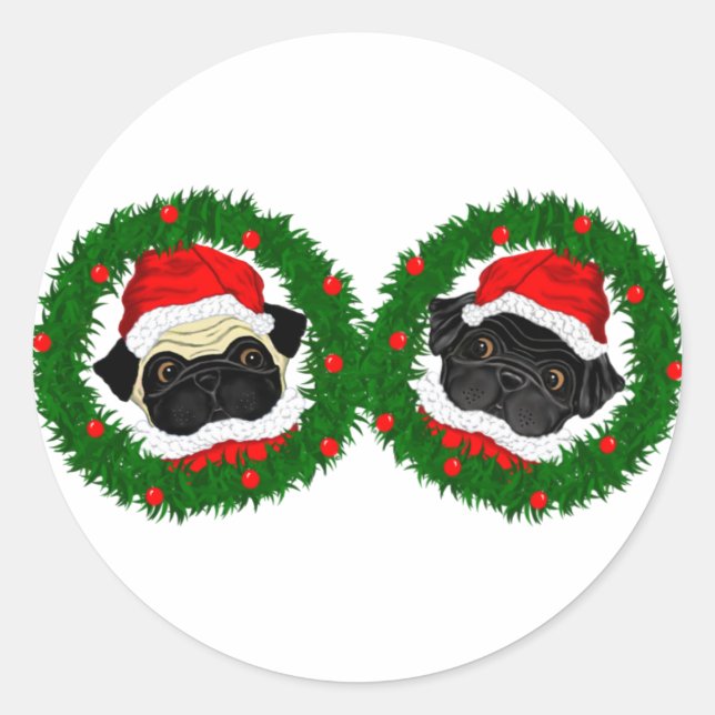 Pegatina Redonda Navidades cortan Pug Negro y Fawn Pug Santa (Anverso)