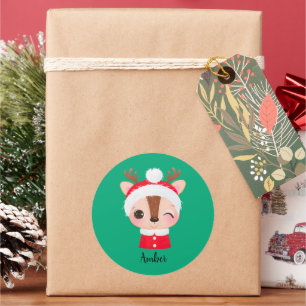 Pegatina Redonda Navidades cortos Santa Reindeer Head