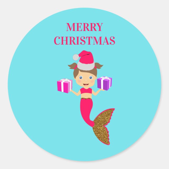 Pegatina Redonda Navidades cortos se fusionan con Chica Santa Hat e (Anverso)