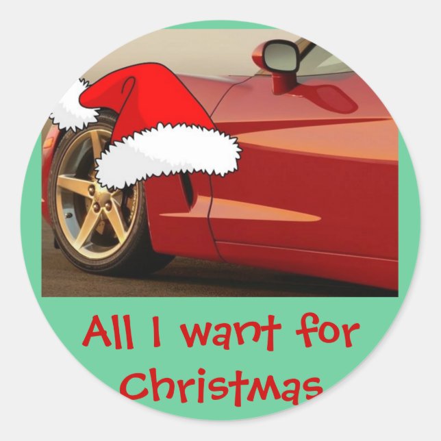 Pegatina Redonda Navidades Corvette rojo (Anverso)