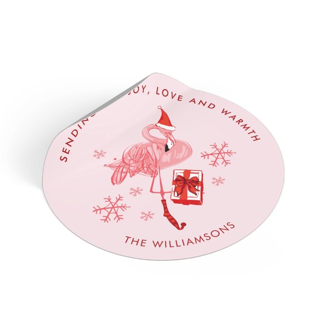 Pegatina Redonda Navidades costeros rosados Flamingo acuarela (Pink Flamingo Coastal Christmas Watercolor Classic Round Sticker)