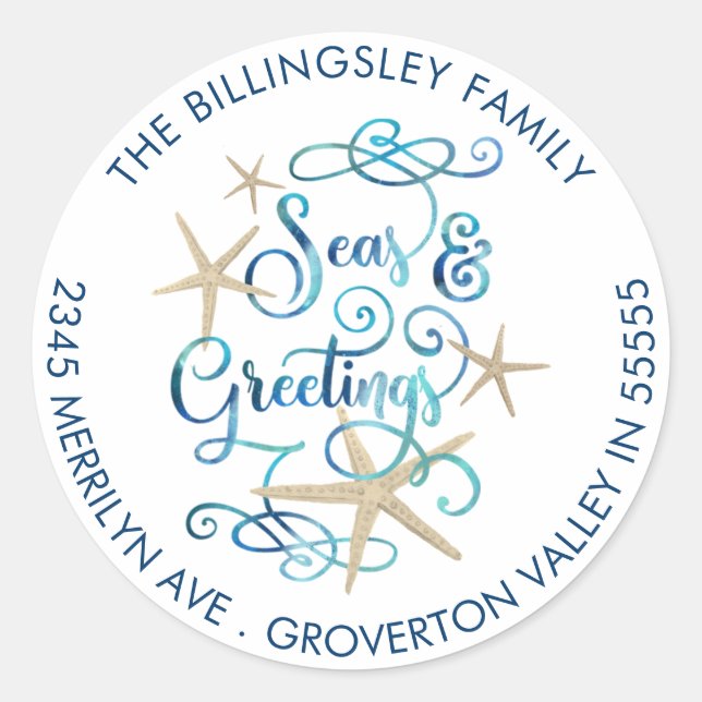 Pegatina Redonda Navidades costeros SEAsons Greetings Return Addres (Anverso)