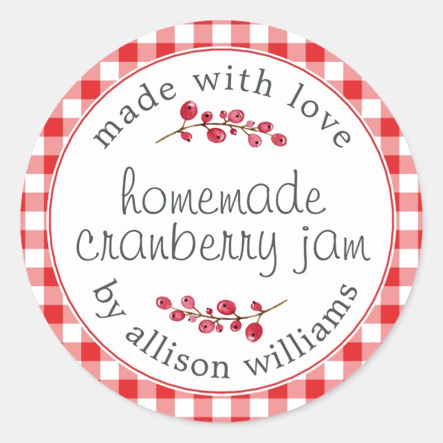 Pegatina Redonda Navidades Cranberry Jam Bright Red Check casero (Anverso)