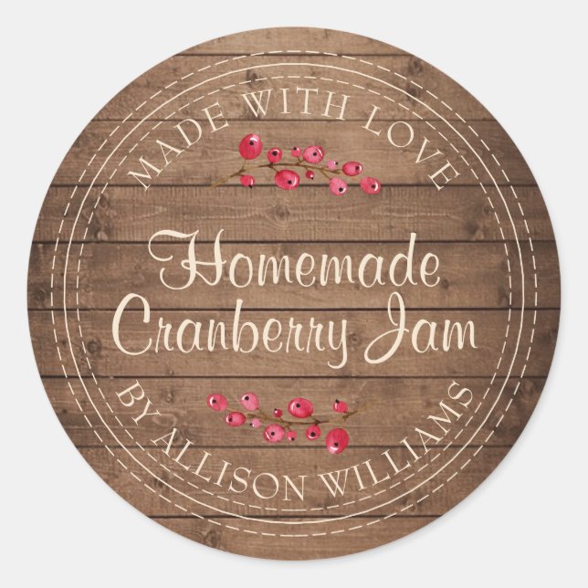 Pegatina Redonda Navidades Cranberry Jam Canning Barn Wood casero (Anverso)