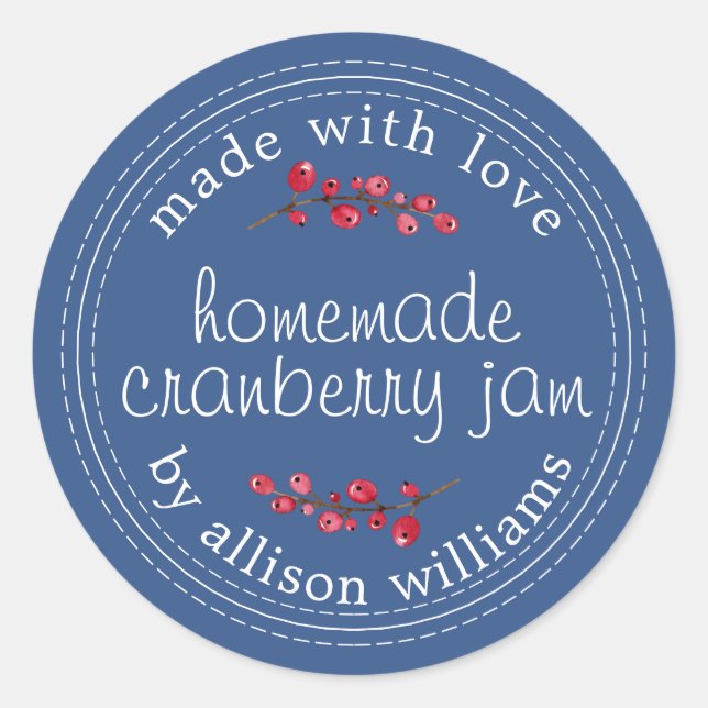 Pegatina Redonda Navidades Cranberry Jam Canning Blue casero (Anverso)