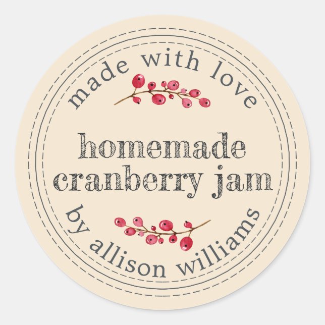 Pegatina Redonda Navidades Cranberry Jam Canning Ivory casero (Anverso)
