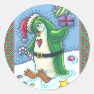 PEGATINA REDONDA NAVIDADES CUIDADOS PENGUIN VESTIDO DE VERDE, VACAC