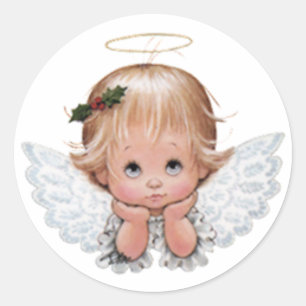 Pegatina Redonda Navidades Cute Cabeza Ángel En Las Manos