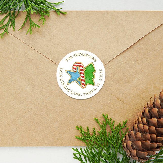 Pegatina Redonda Navidades Cute Cookies Dirección De Retorno Whimsi (Christmas holiday cookie cutout return address colorful sticker. )