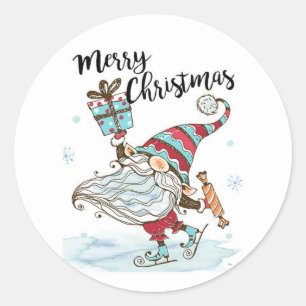 Pegatina Redonda Navidades Cute Gnome Patinaje Hielo