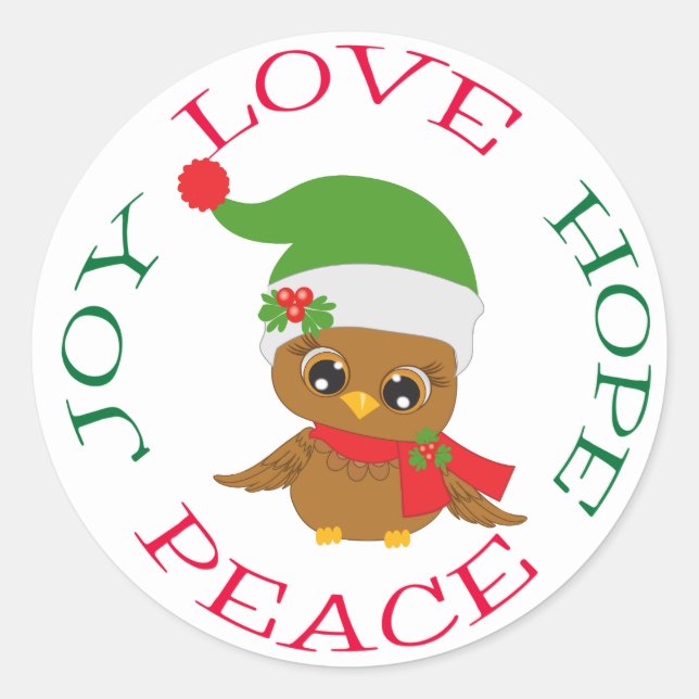 Pegatina Redonda Navidades Cute Owl Hope Joy Love (Anverso)