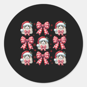 Pegatina Redonda Navidades Cute Ragdoll Cat Red Plaid Coquette Bow