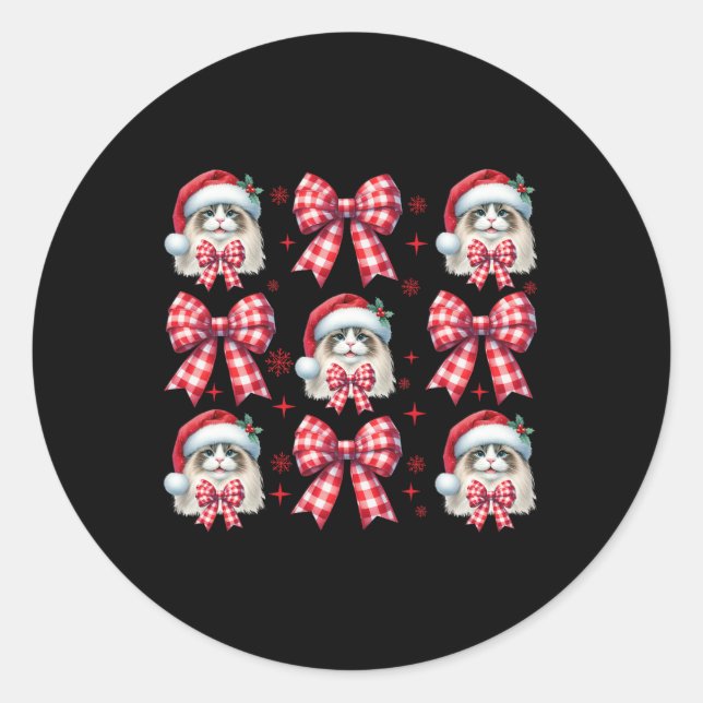 Pegatina Redonda Navidades Cute Ragdoll Cat Red Plaid Coquette Bow (Anverso)