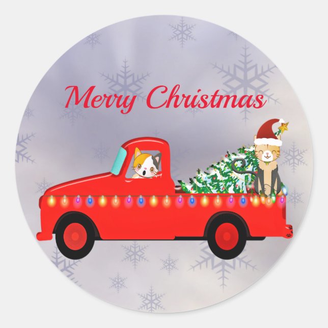 Pegatina Redonda Navidades Cute Red Truck Cats (Anverso)