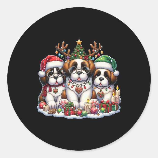 Pegatina Redonda Navidades Cute Santa Reindeer Elf Saint Bernard Wo (Anverso)