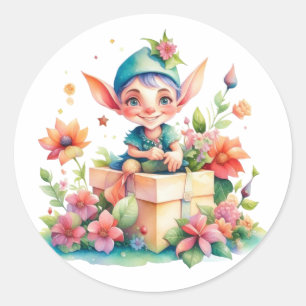 Pegatina Redonda Navidades Cute Whimsical Watercolor Elf