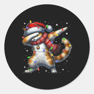 Pegatina Redonda Navidades Dabbing Cat Santa Hat iluminan a mujeres