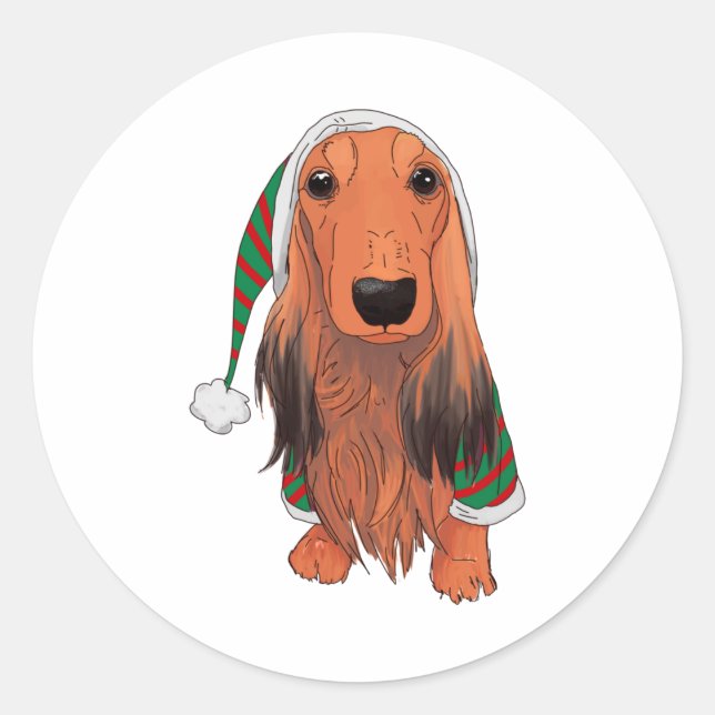 Pegatina Redonda Navidades Dachshund - Cabello rojo largo (Anverso)