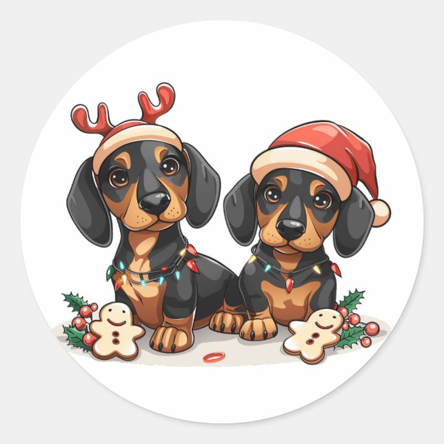 Pegatina Redonda Navidades Dachshund Dogs (Anverso)