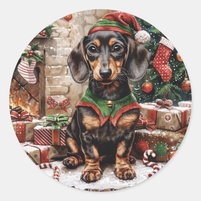 Pegatina Redonda Navidades Dachshund Perros Elf (Anverso)