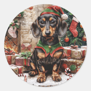Pegatina Redonda Navidades Dachshund Perros Elf