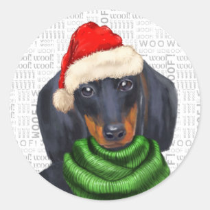 Pegatina Redonda Navidades Dachshund y Woof Art Dog Lover