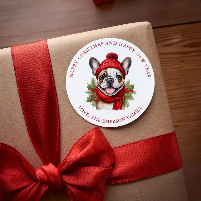 Pegatina Redonda Navidades de acuarela Bulldog francés (Subido por el creador)