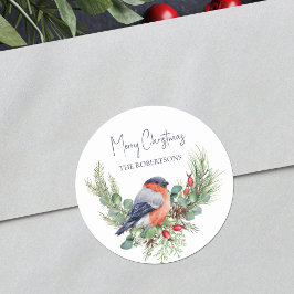 Pegatina Redonda Navidades de acuarela Bullfinch Winter Bird