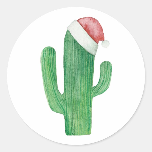 Pegatina Redonda Navidades de acuarela cactus. Cactus de Santa Clau (Anverso)