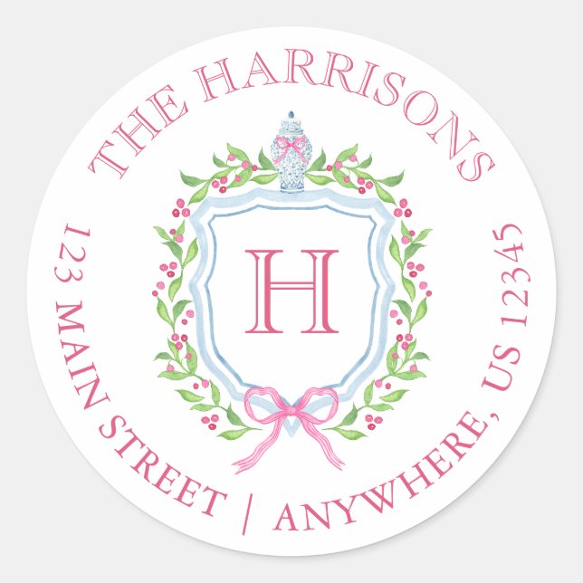 Pegatina Redonda Navidades de acuarela Chinoiserie Monograma Escudo (Anverso)