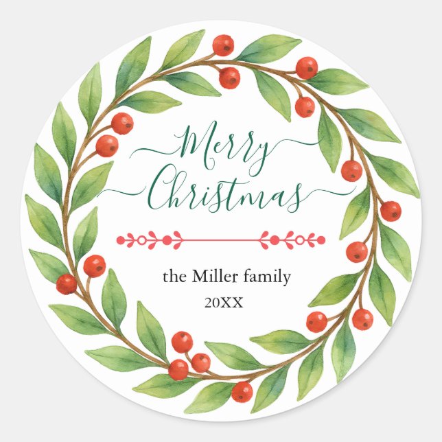 Pegatina Redonda Navidades de acuarela con texto Personalizado (Anverso)