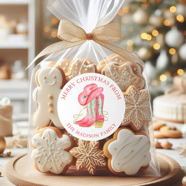 Pegatina Redonda Navidades de acuarela Cowboy Boots Dirección de de