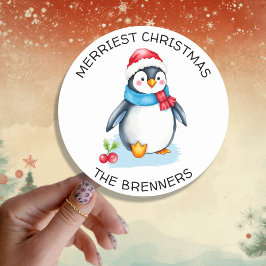 Pegatina Redonda Navidades de acuarela cúrcuma Pingüino Personaliza