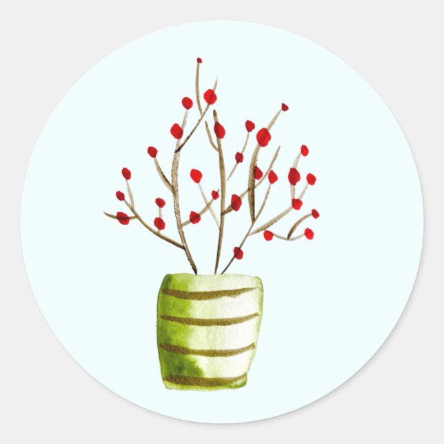 Pegatina Redonda Navidades de acuarela de las Berries Rojas (Anverso)