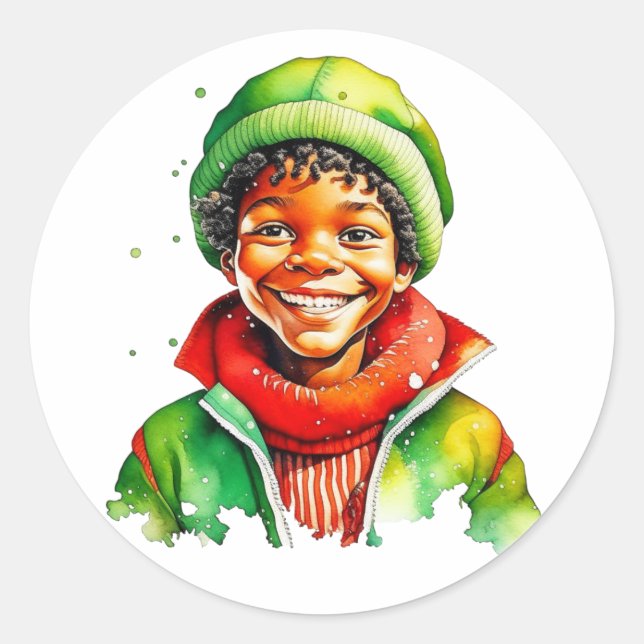 Pegatina Redonda Navidades de acuarela de niño pequeño y dulce (Anverso)