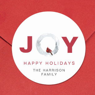 Pegatina Redonda Navidades de acuarela del Cardenal Rojo de Alegría