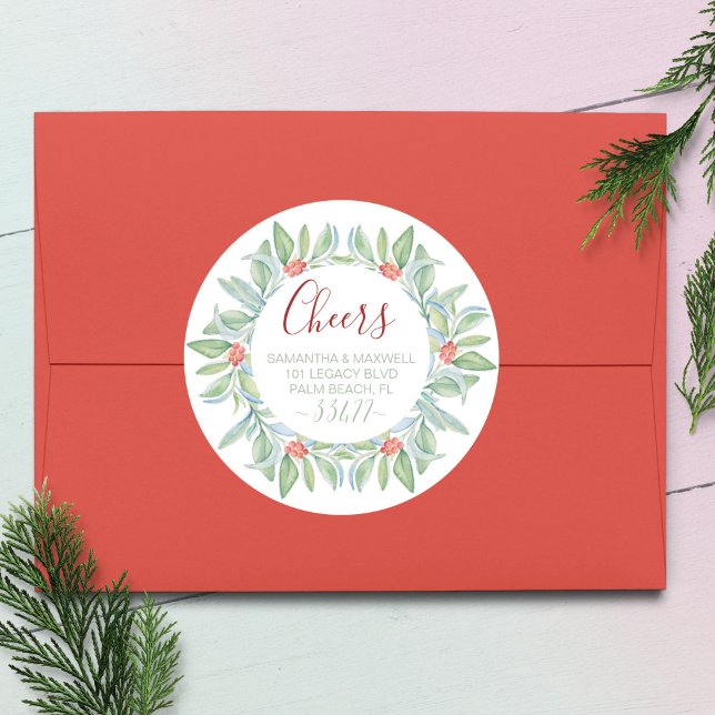 Pegatina Redonda Navidades de acuarela Dirección de hojas botánicas (Christmas return address envelope seal watercolor holly and berries are by Victoria Grigaliunas)