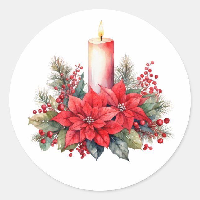 Pegatina Redonda Navidades de acuarela Flores de Poinsettia, bayas (Anverso)