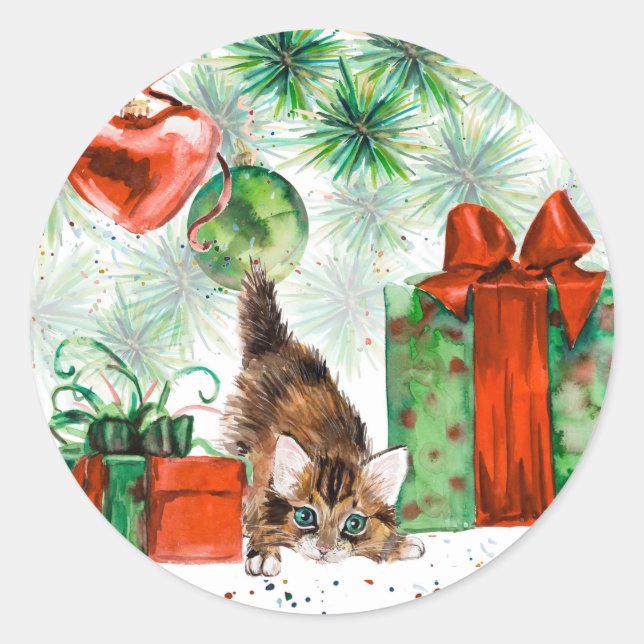 Pegatina Redonda Navidades de acuarela - Gatito bajo árbol (Anverso)