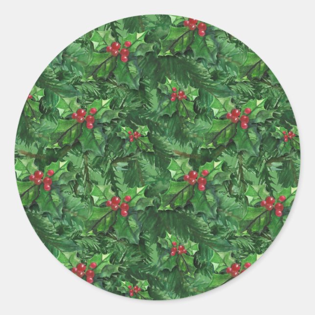 Pegatina Redonda Navidades de acuarela Holly Berries (Anverso)