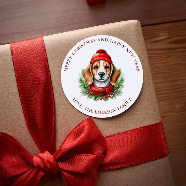 Pegatina Redonda Navidades de acuarela Perro Beagle (Subido por el creador)