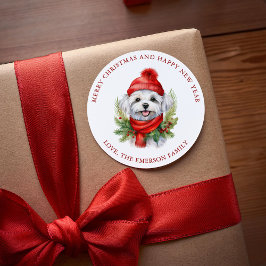 Pegatina Redonda Navidades de acuarela Perro maltés