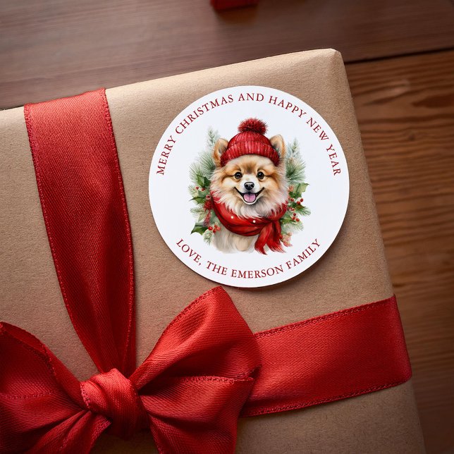 Pegatina Redonda Navidades de acuarela Perro Pomerania (Subido por el creador)