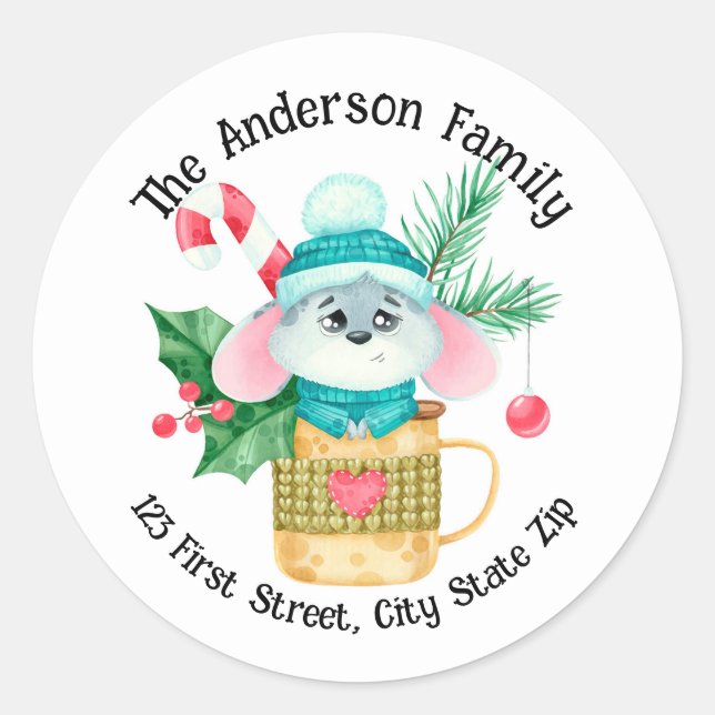 Pegatina Redonda Navidades de acuarela Ratón Mug Candy Cane (Anverso)