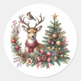 Pegatina Redonda Navidades de acuarela reno